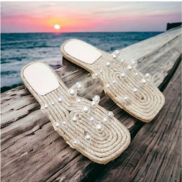 NEW Pearl Transparent Strappy Slip On Square Toe Jute Rope Sandal Size 36/6 - Picture 1 of 13